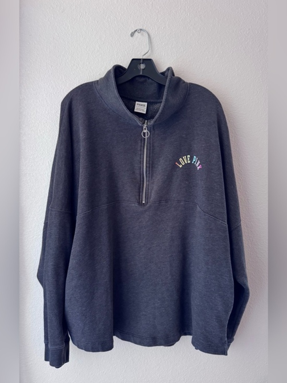 Victoria's Secret PINK Varsity Half Zip Pullover Sweatshirt Dark Gray Logo XXL